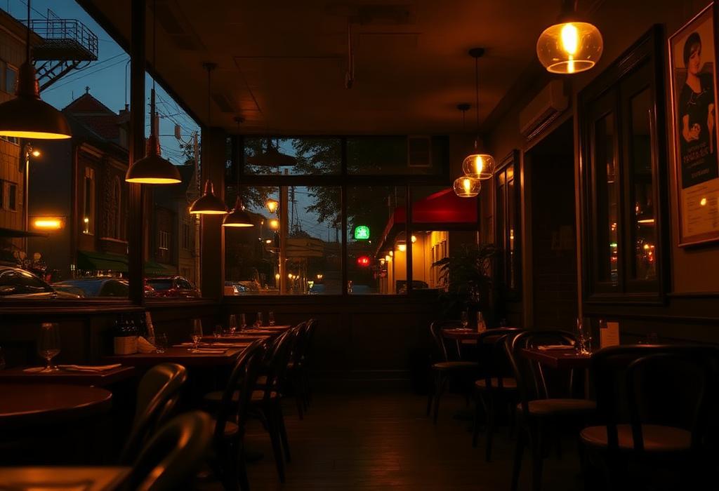 Warmly lit neighbourhood bistro at dusk