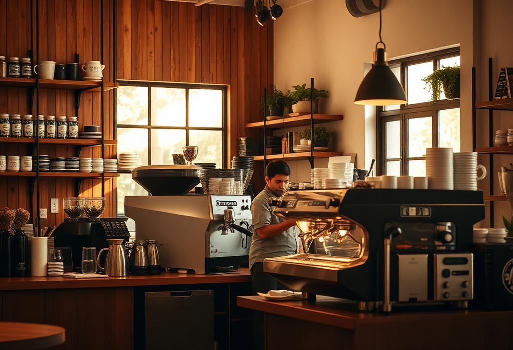 Specialty coffee shop with barista at the espresso machine