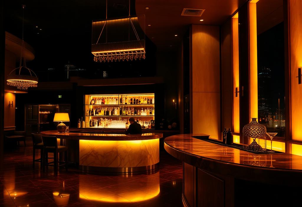 Elegant hotel lobby bar under warm lighting
