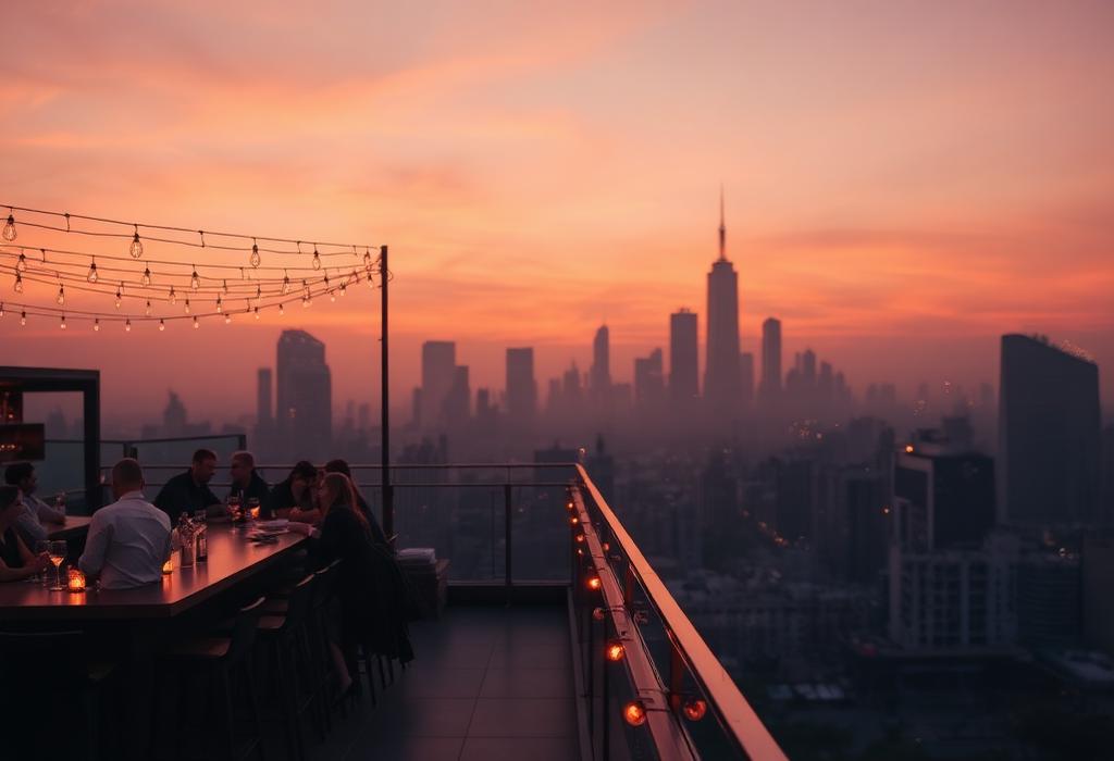 Rooftop terrace bar at sunset with city skyline