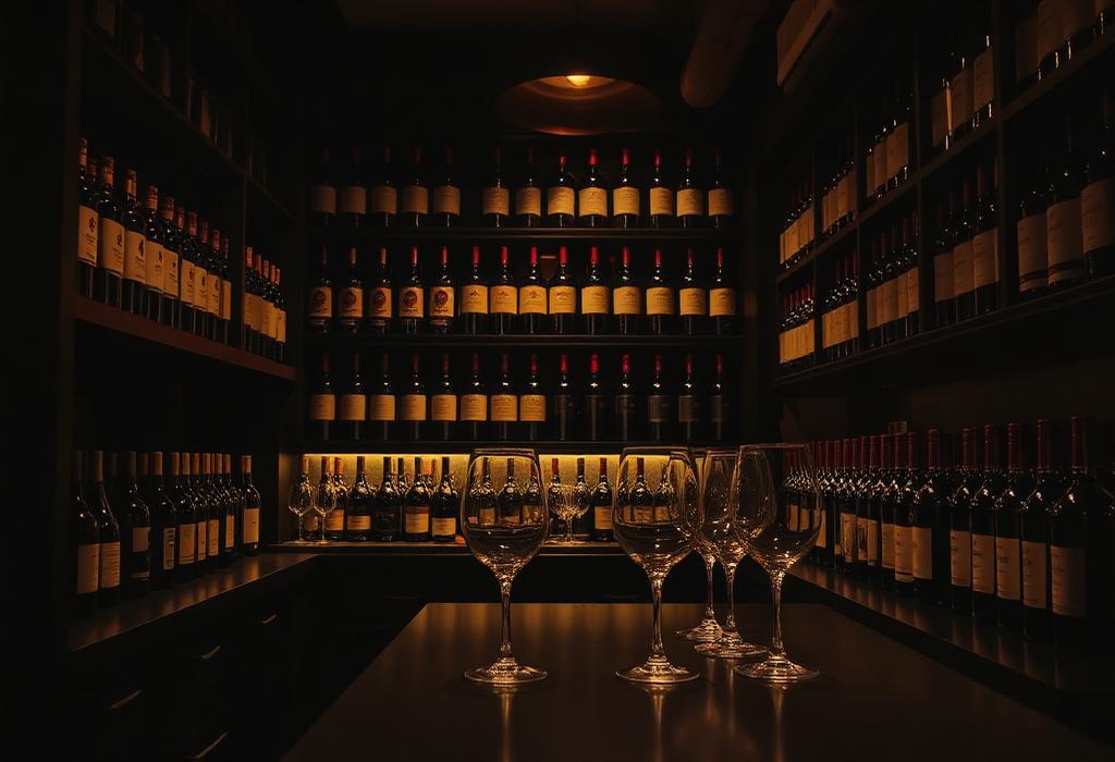 Intimate wine bar with bottle-lined shelves